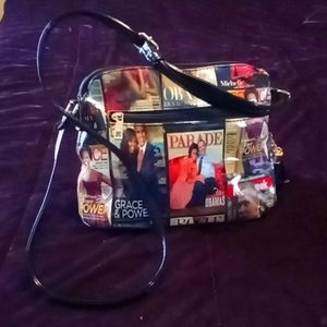 Mid size magazine style President Obama and Michelle Obama handbag with strap.